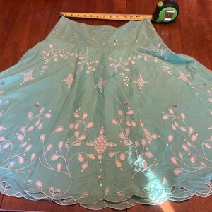 Mint Green Sz 4 Vintage  Lithe Anthropologie Embroidered Skirt Boho Hippie